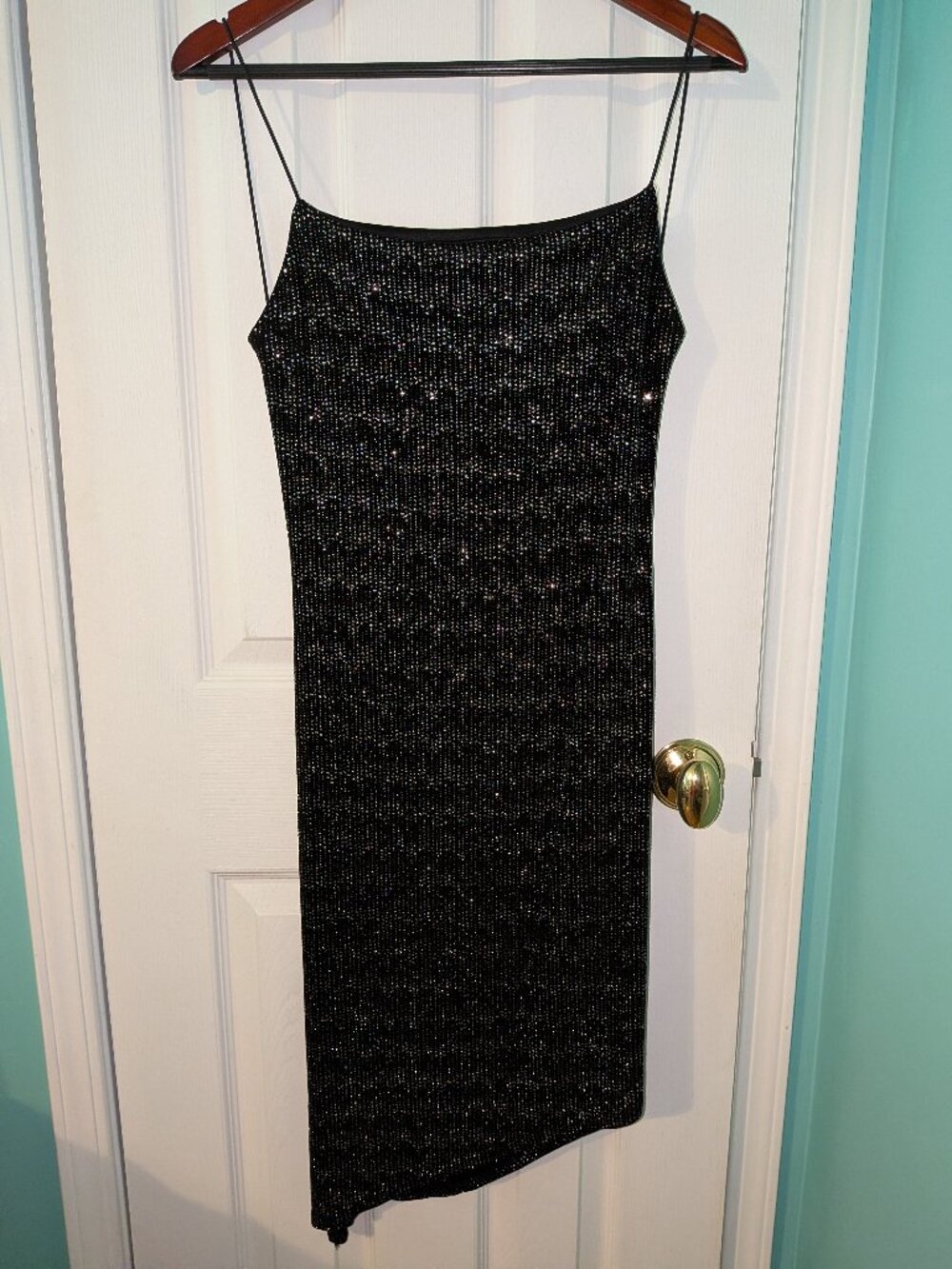 Stunning Black Sparkly Asymmetric Slip Dress with Strappy Open Back